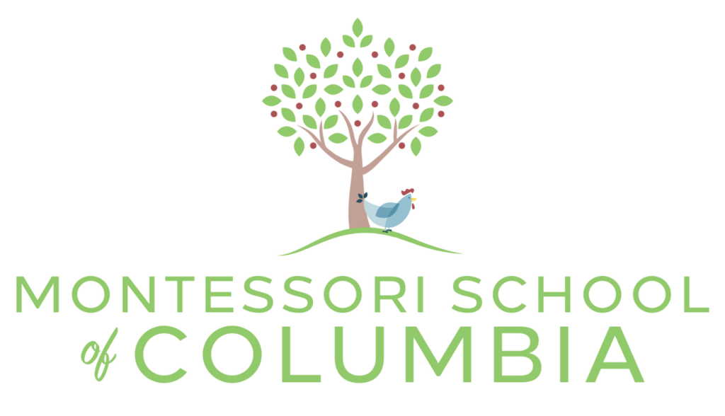 Montessori School of Columbia Logo with blue chicken under apple tree